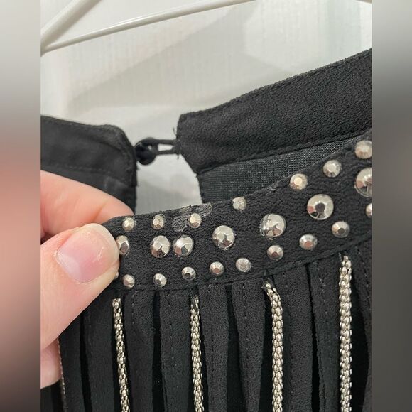 Black Rhinestone Beaded Fringe Front Split Sleeve Mini Dress Women’s Size S - Picture 4 of 9